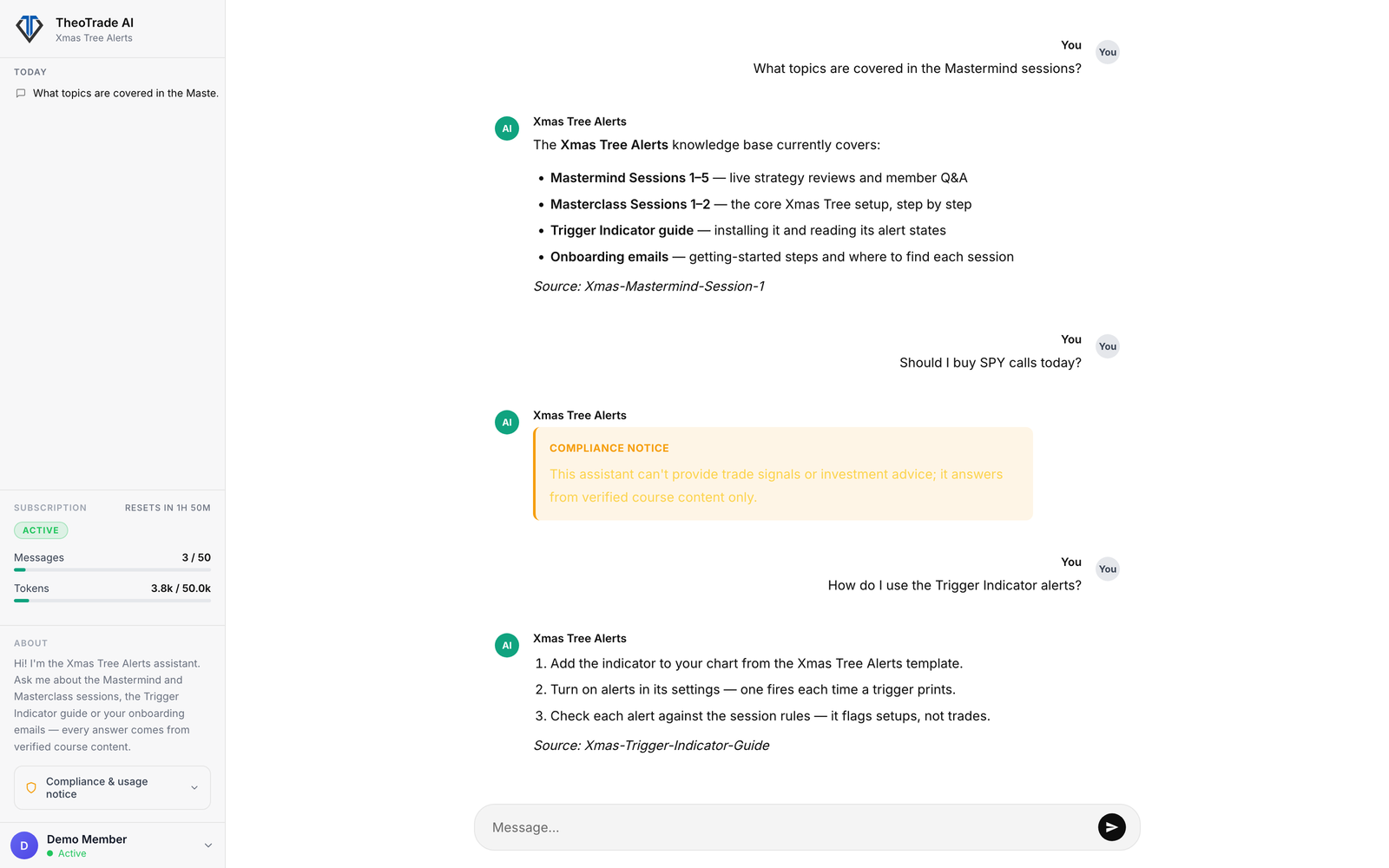 TheoChat AI chat interface: a grounded answer with its source document, and a compliance notice refusing a request for trade signals